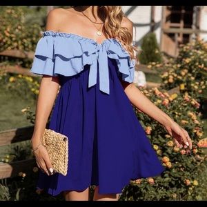 Colorblock Off Shoulder Layered Ruffle Trim Knot Front Dress